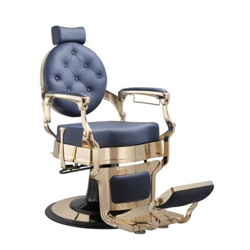 Sillón Clásico de Barbero hidráulico estilo Retro Vintage con reposapies integrado Modelo Buzz Gold Blue