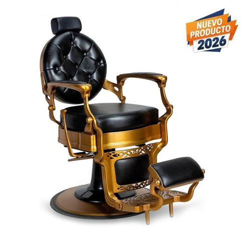 Sillón Clásico de Barbero hidráulico estilo Vintage con reposapies integrado Modelo Check-G Gold brillante Negro
