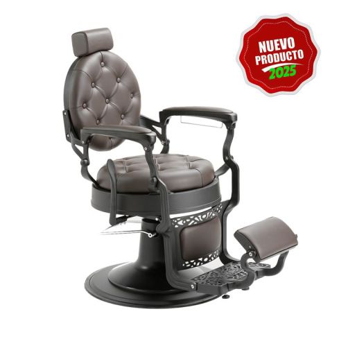Sillón Clásico de Barbero hidráulico estilo Vintage con reposapies integrado Modelo LBH Mack Black Marrón
