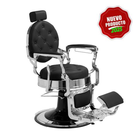 Sillón Clásico de Barbero hidráulico estilo Vintage con reposapies integrado Modelo LBH Mack Silver Negro