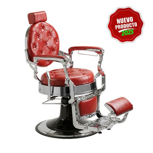 Sillón Clásico de Barbero hidráulico estilo Vintage con reposapies integrado Modelo LBH Mack Silver Rojo