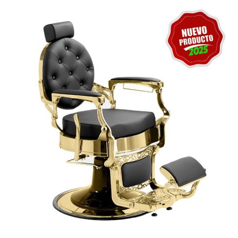 Sillón Clásico de Barbero hidráulico estilo Retro Vintage con reposapies integrado Mae Gold Negro - Modelo 2025