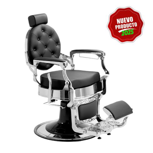 Sillón Clásico de Barbero hidráulico estilo Retro Vintage con reposapies integrado Mae Silver Negro - Modelo 2025