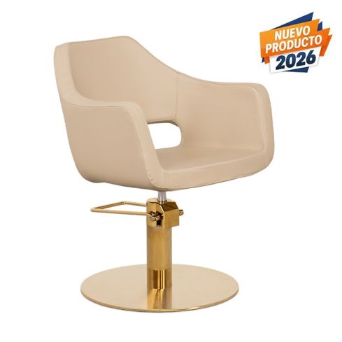 Sillón corte de peluquería linea curva con base redonda dorada Modelo Whim RG Beige