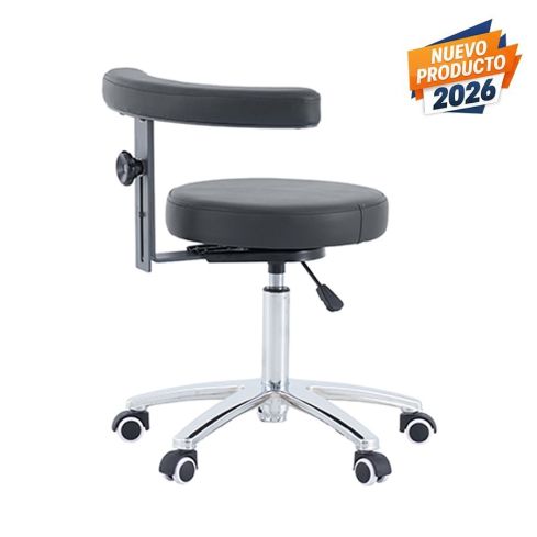 Taburete ergonómico redondo con Reposabrazos abatible y giratorio 360° regulable en altura Modelo Coreback