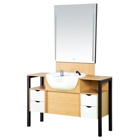 Tocador de Barbería Vintage con Lavacabezas Blanco y Espejo Rectangular Modelo Artisan