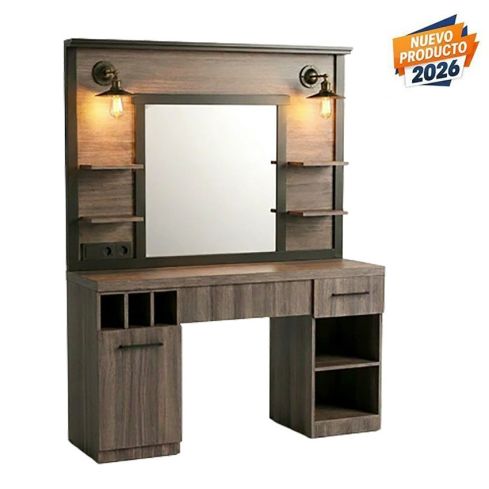 Tocador de Barbería Vintage con espejo cuadrado, iluminación y encimera Modelo Folk Dark RZMP021