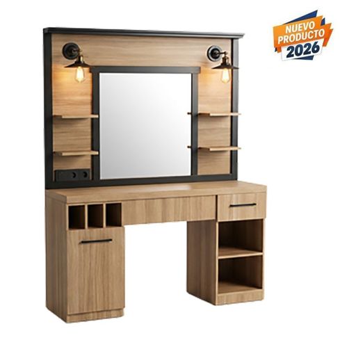 Tocador de Barbería Vintage con espejo cuadrado, iluminación y encimera Modelo Folk Oak RZMP020