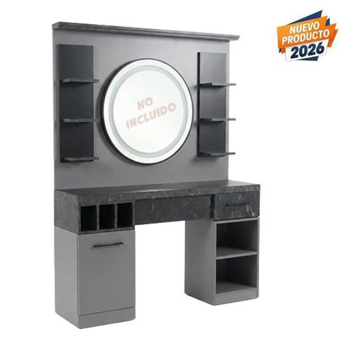 Tocador de Barbería con encimera y estantes Modelo Zinc RZMP023 (espejo no incluido)