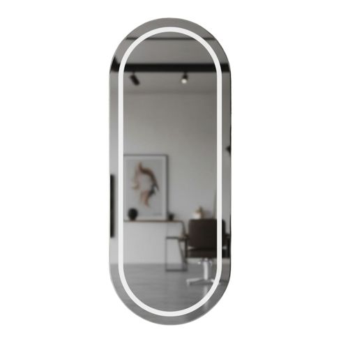 Tocador de Peluquería ovalado estilo Moderno con espejo LED y marco plateado Modelo Kobe 170x70 cm