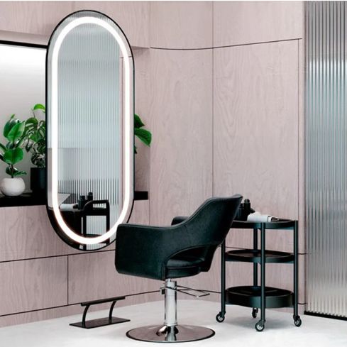 Tocador de Peluquería ovalado estilo Moderno con espejo LED y marco negro Modelo LOOP CB