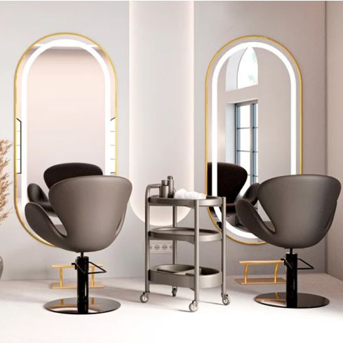 Tocador de Peluquería ovalado estilo Moderno con espejo LED y marco dorado Modelo LOOP CG