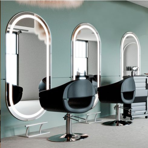 Tocador de Peluquería ovalado estilo Moderno con espejo LED y marco plateado Modelo LOOP CP