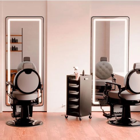 Tocador de Peluquería rectangular estilo Moderno con espejo LED y marco negro Modelo REC CB