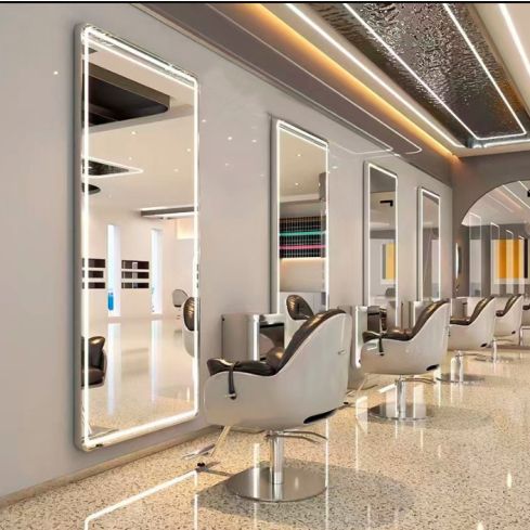 Tocador de Peluquería rectangular estilo Moderno con espejo LED y marco de plata