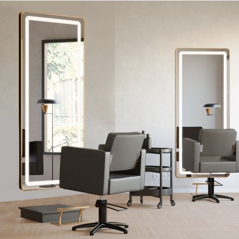 Tocador de Peluquería rectangular estilo Moderno con espejo LED y marco dorado Modelo REC CG