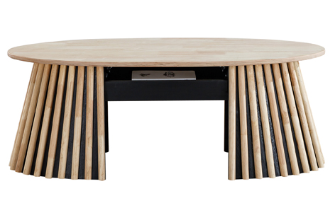 Detalle de la tapa elevable y cajones interiores de la mesa Grove Nordish