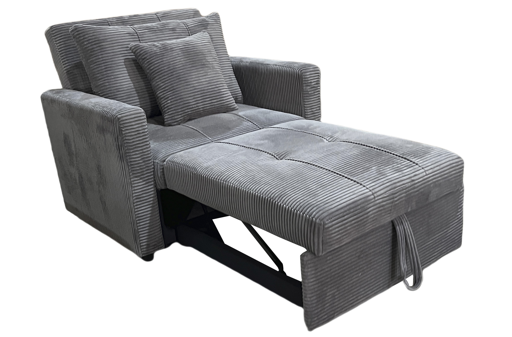 Sofá cama diván corduroy gris en posición relax con reposapiés extensible