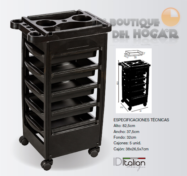 Carrito de peluquería con 5 cajones y bandeja superior Modelo Ferrara