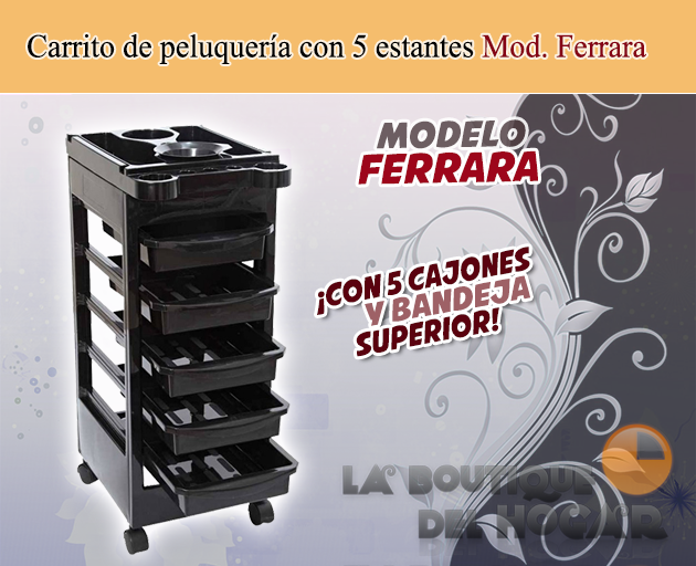 Carrito de peluquería con 5 cajones y bandeja superior Modelo Ferrara