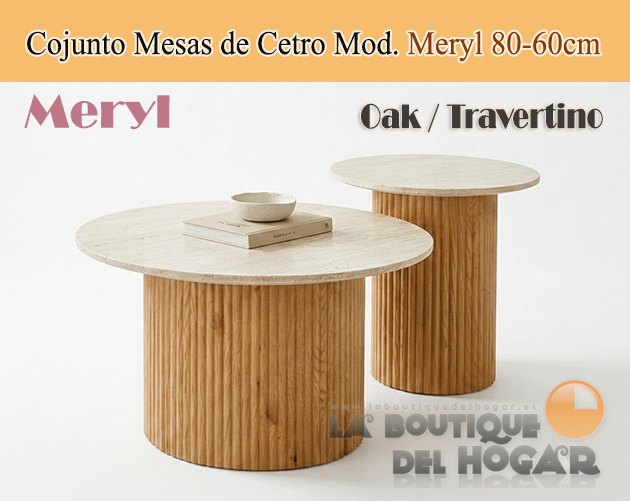 Conjunto Mesas de centro redondas con pata central en palillería Oak y tablero Travertino Modelo Meryl 80-60 cm