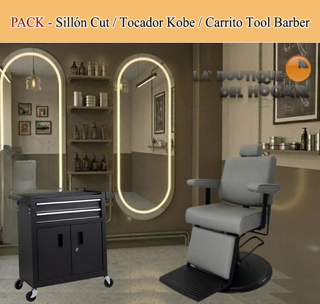 Pack - Sillón Barbero Cut Black Gris / Tocador LED Kobe / Carrito Tool Barber