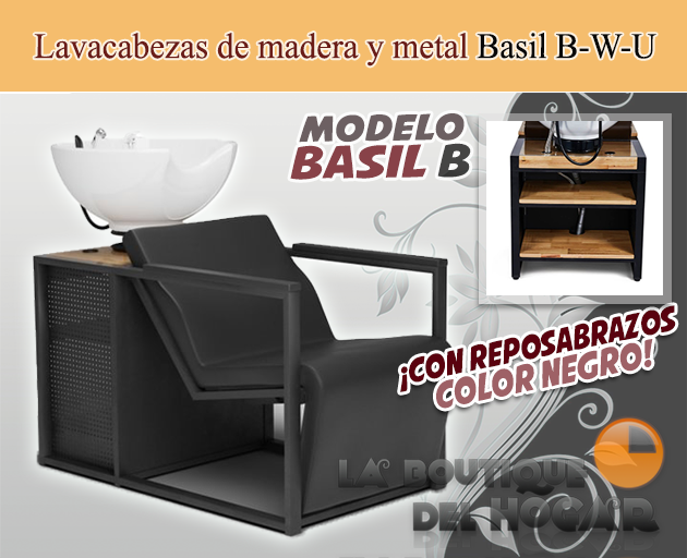 Lavacabezas de madera y metal con pica blanca y espacio de almacenaje Modelo Basil