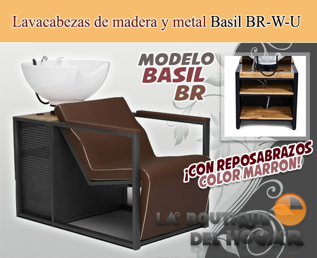 Lavacabezas de madera y metal con pica blanca y espacio de almacenaje Modelo Basil