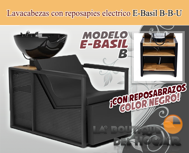 Lavacabezas con reposapies eléctrico, reposabrazos negros y espacio de almacenaje Modelo E-Basil B Negro