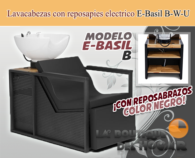 Lavacabezas de madera y metal con pica blanca y Reposapiés eléctrico Modelo E-Basil B-W Negro