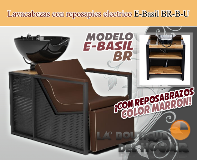 Lavacabezas con reposapies eléctrico, reposabrazos marron y espacio de almacenaje Modelo E-Basil BR marrón