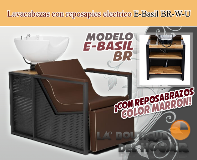 Lavacabezas de madera y metal con pica blanca y Reposapiés eléctrico Modelo E-Basil BR-W Marrón