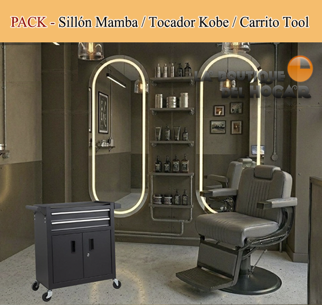 Pack - Sillón Barbero Cut Black Gris / Tocador LED Kobe / Carrito Tool Barber