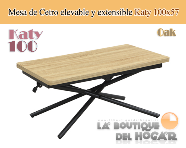 Mesa de centro elevable y extensible negra con patas metálicas y tablero de Roble Oak Modelo Katy
