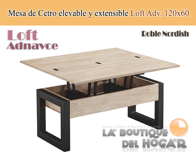 Mesa de centro elevable y extensible negra con patas metálicas y tablero de Roble Nordish Modelo Loft Advance