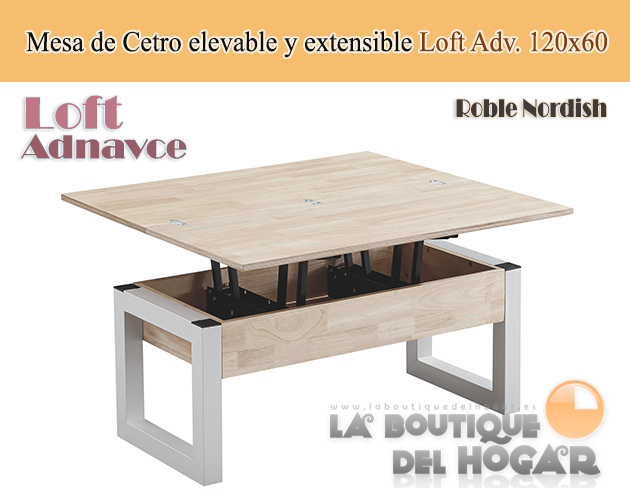 Mesa de centro elevable y extensible blanca con patas metálicas y tablero de Roble Nordish Modelo Loft Advance