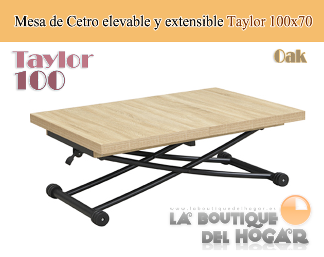 Mesa de centro elevable y extensible negra con patas metálicas y tablero de Roble Oak Modelo Taylor