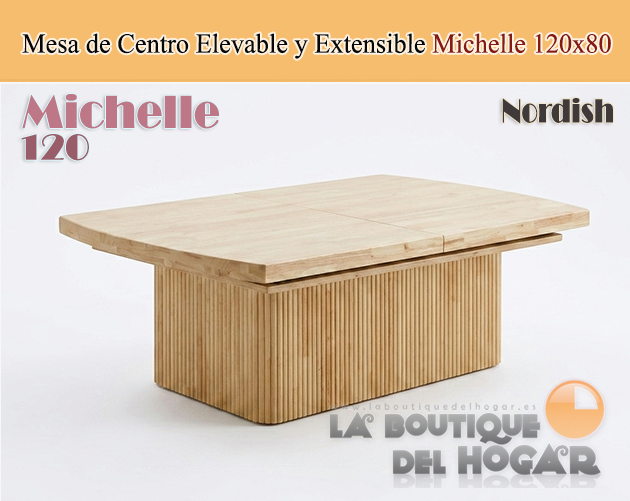Mesa de centro elevable motorizada y extensible con pata central en palillería y tablero Roble Nordish Modelo Michelle 120x80