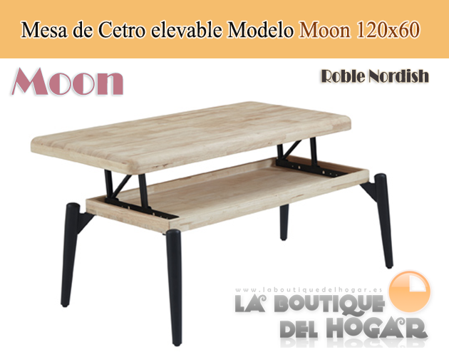 Mesa de centro elevable negra con patas metálicas y tablero de Roble Nordish Modelo Moon