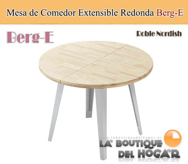 Mesa de comedor extensible blanca con patas metálicas y tablero de Roble Nordish Modelo Berg-E
