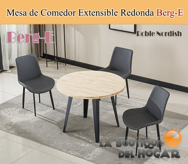 Mesa de comedor extensible negra con patas metálicas y tablero de Roble Nordish Modelo Berg-E
