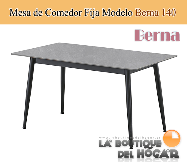 Mesa de comedor fija con patas metálicas y tablero Ceramic Gris Modelo Berna 140x80