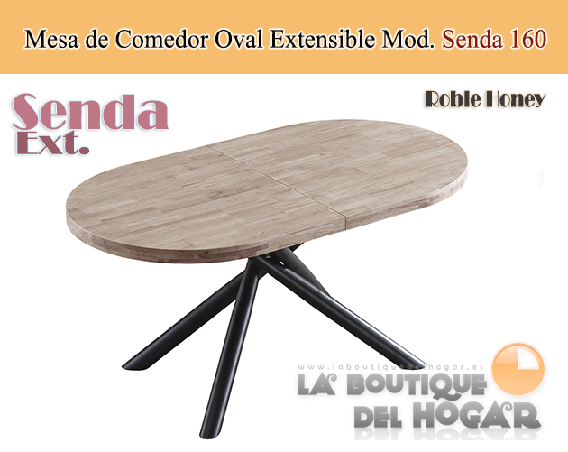 Mesa de comedor extensible negra con patas metálicas y tablero de Roble Honey Modelo Senda