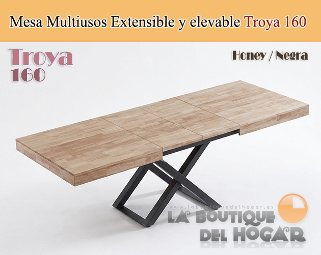 Mesa de comedor extensible negra con patas metálicas y tablero de Roble Honey Modelo Troya