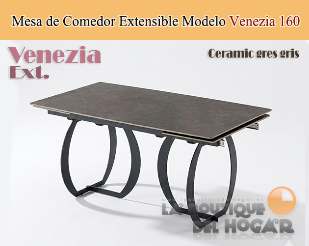 Mesa de comedor extensible negra con patas metálicas y tablero ceramic gres gris Modelo Venezia 160x90