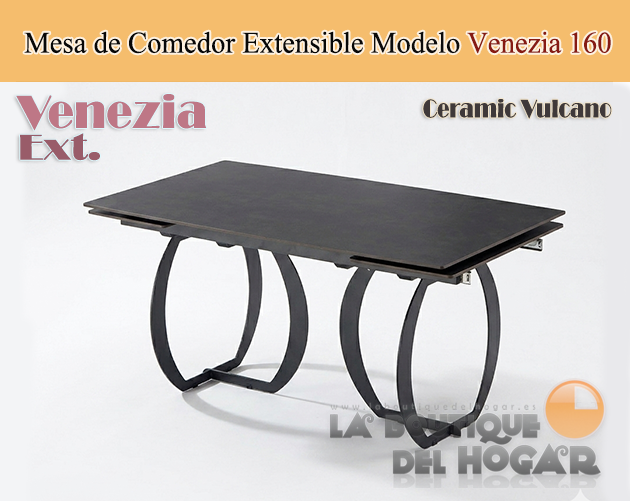 Mesa de comedor extensible negra con patas metálicas y tablero ceramic vulcano Modelo Venezia 160x90