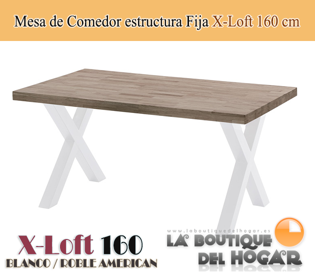 Mesa de comedor fija blanca con patas metálicas y tablero de Roble Modelo X-Loft 160