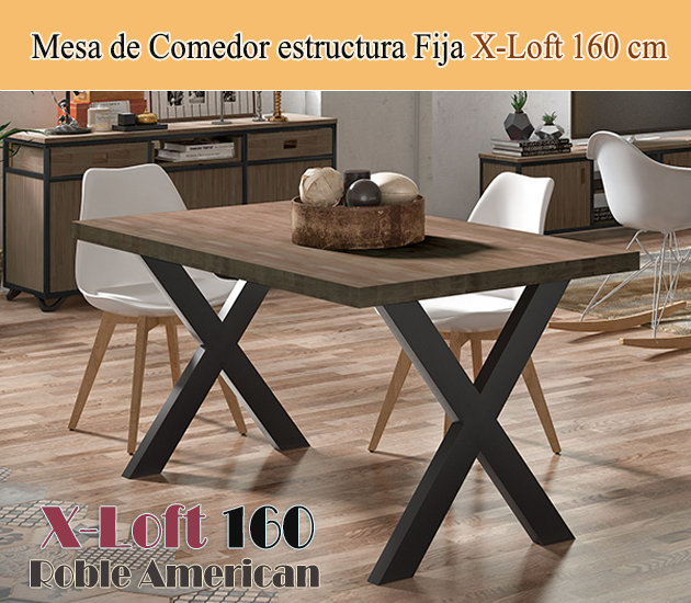 Mesa de comedor fija negra con patas metálicas y tablero de Roble Modelo X-Loft 160