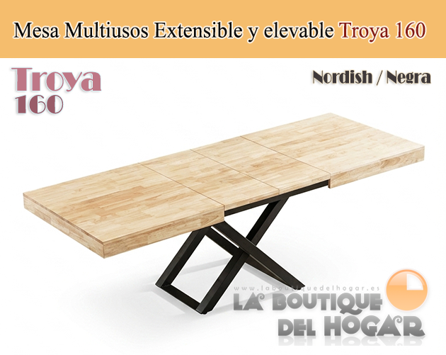 Mesa de comedor extensible negra con patas metálicas y tablero de Roble Nordish Modelo Troya