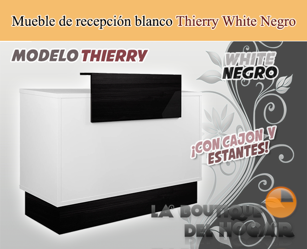 Mueble de recepción con frontal y base efecto madera blanca Modelo Thierry White negro